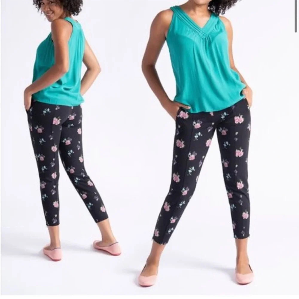Betabrand Cigarette Black Floral Ankle Zip Yoga Dress Pants